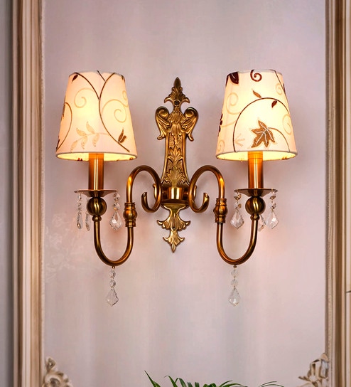 Victoria Antique Brass Double Wall Sconce with White Kashmiri Embroidered Shades