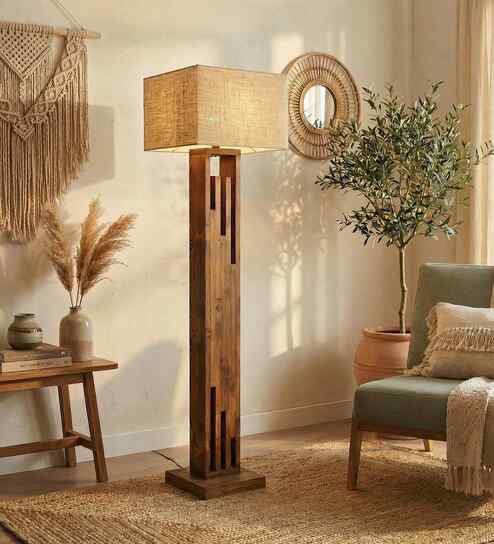 Victoria Wooden Shelf Floor Lamp with Jute Shade & Brown Base