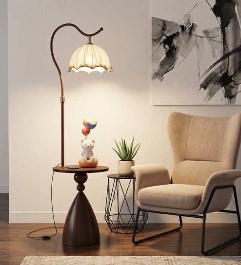 Vienna E-27 Holder Brown Finish Metal Shelf Floor Lamp With Beige Colour Fabric Shade