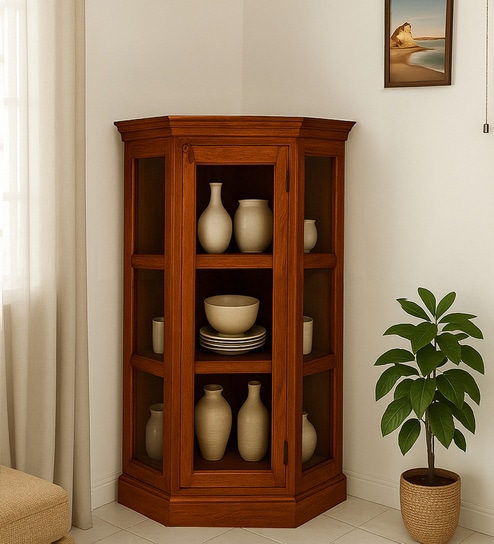 Vilina Mango Wood Corner Cabinet In Honey Oak finish