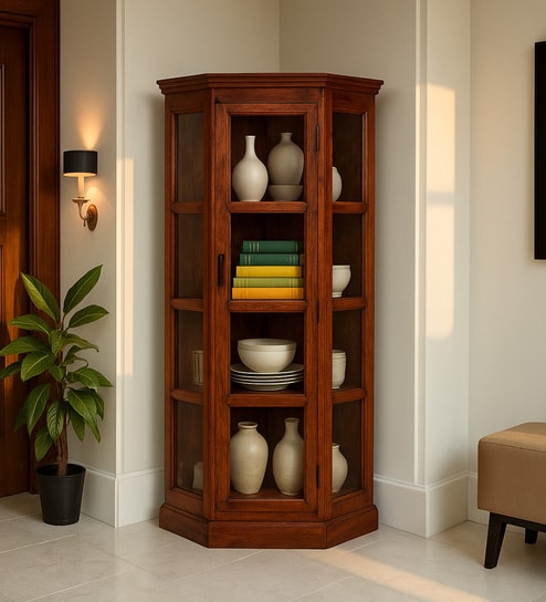 Vilina Mango Wood Tall Corner Cabine In Honey Oak finish