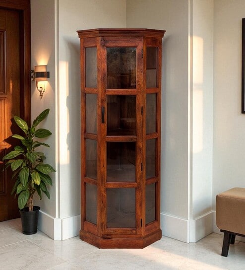 Vilina Mango Wood Tall Corner Cabine In Honey Oak finish