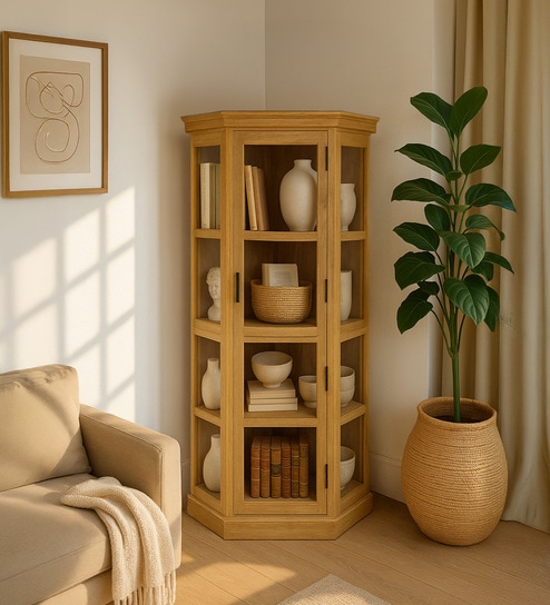 Vilina Mango Wood Tall Corner Cabinet In Natural finish