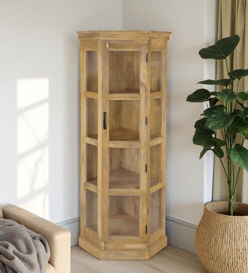 Vilina Mango Wood Tall Corner Cabinet In Natural finish