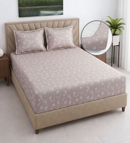 Vine Floral 400 TC Cotton Queen Size Fitted Bedsheet With 2 Pillow Covers