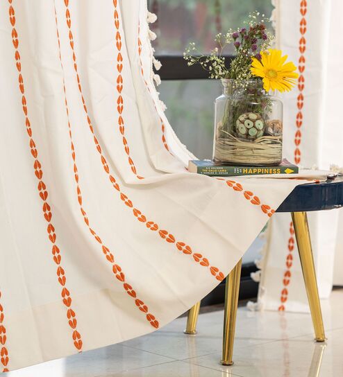 Vintage Braid Burnt Orange Embroidery Cotton Curtains for Long Door Pack of 1