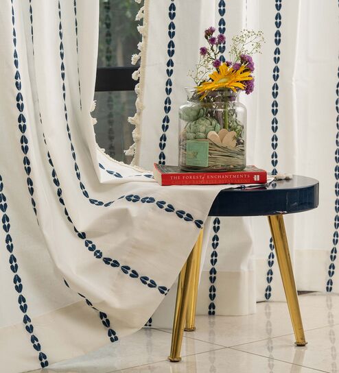 Vintage Braid Indigo Embroidery Cotton Curtains for Window Pack of 1
