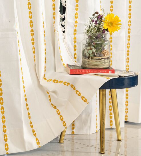 Vintage Braid Yellow Embroidery Cotton Curtains for Long Door Pack of 1