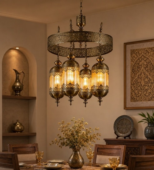 Vintage Brass Lantern Chandelier with Ornate Glass Shades