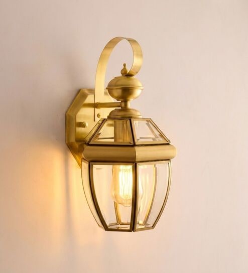 Vintage Brass Outdoor Wall Lantern Light with Clear Glass Shade