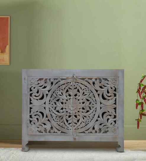 Vintage Solid Wood Hand Carved Sideboard in Grey Finish