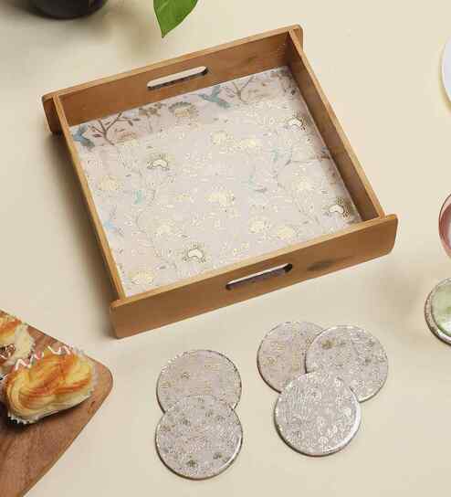 Vintage Charm Wooden Tray & Coaster Set