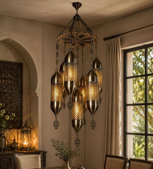 Vintage Moroccan Style Multi-Light Hanging Chandelier in Antique Brass Finish