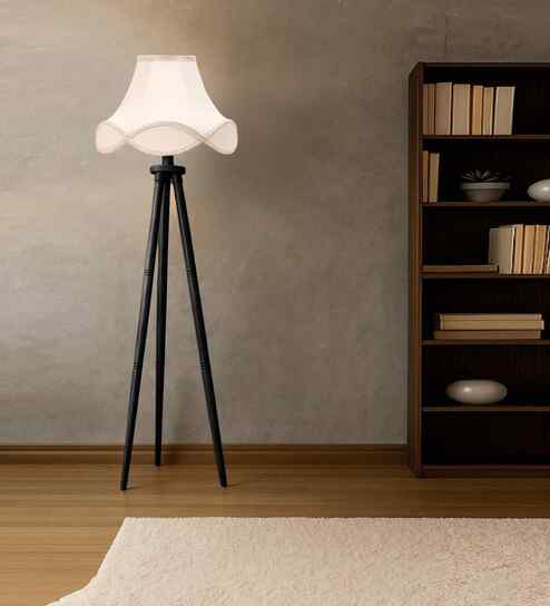 Vintage Off-White Cotton Table Lamp With Wooden Base