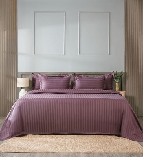Grey 300TC 100% Cotton Stripe Flat Super King Bedsheet with 2 Pillow Covers