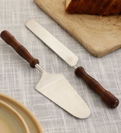 Vintage Scoops Brown Wooden Handle Stainless Steel Cake Server Set