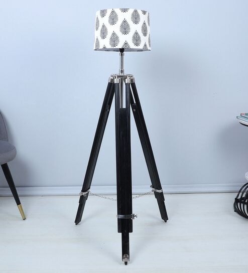Vintage Tripod Black Mango Wood Base Floor Lamps Big Leaf Print Satin Shade