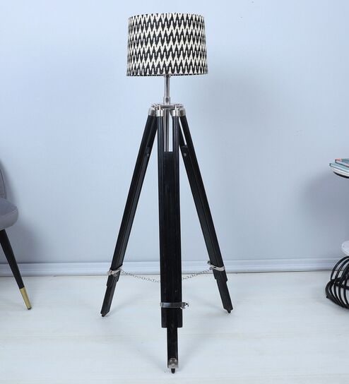 Vintage Tripod Black Mango Wood Base Floor Lamps Chevron Print Satin Shade