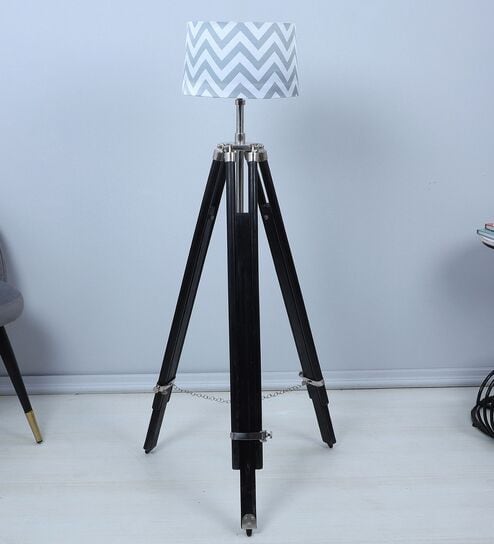 Vintage Tripod Black Mango Wood Base Floor Lamps Maze Print Satin Shade
