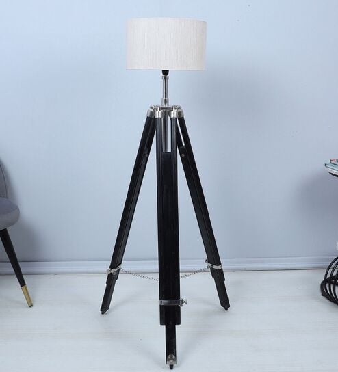 Vintage Tripod Black Mango Wood Base Floor Lamps Off White Cotton Shade