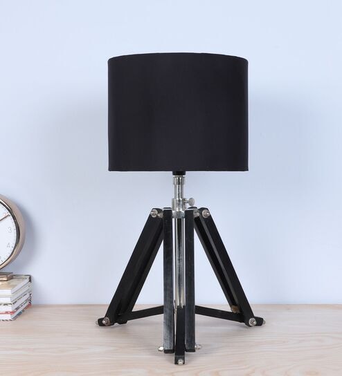 Vintage Tripod Black Mangowood Table Lamp With Black Cotton Shade