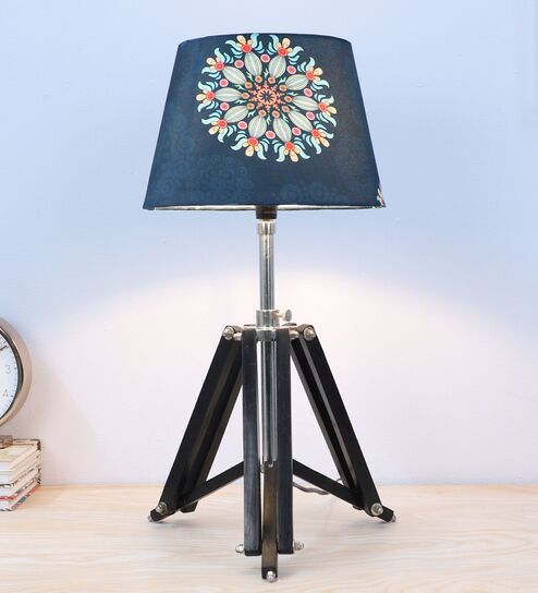 Vintage Tripod Black Mangowood Table Lamp With French Floral Print Satin Shade