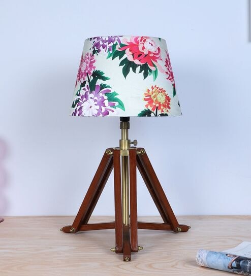 Vintage Tripod Brown Mangowood Table Lamp With Carnation Print Satin Shade