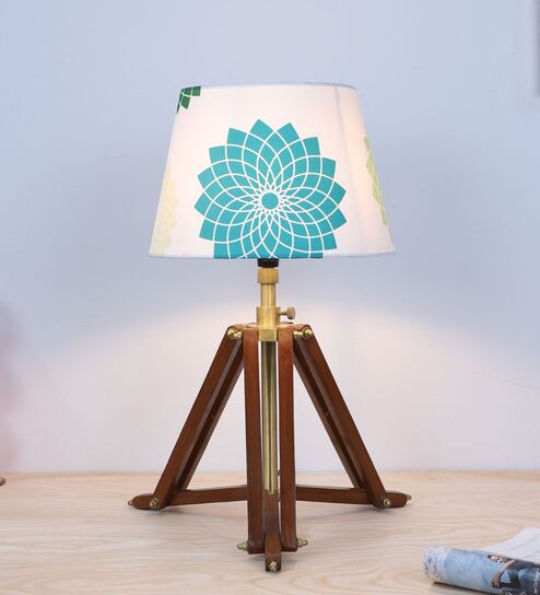 Vintage Tripod Brown Mangowood Table Lamp With Dahlia Floral Print Satin Shade
