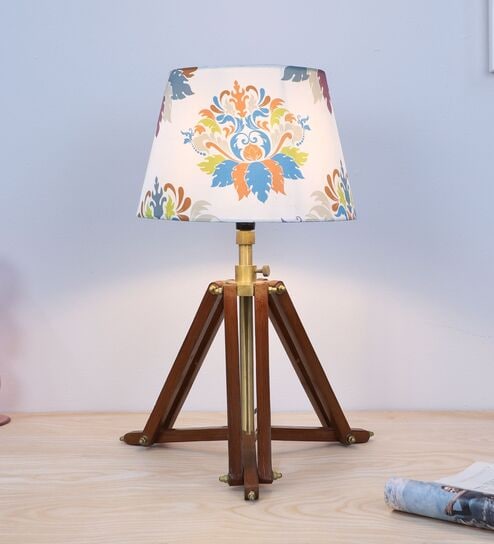 Vintage Tripod Brown Mangowood Table Lamp With English Oak Print Satin Shade