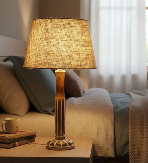 Vintage Wooden Table Lamp  with Natural Jute Fabric Shade | Modern Farmhouse Bedside Lamp for Living Room, Bedroom & Home D cor