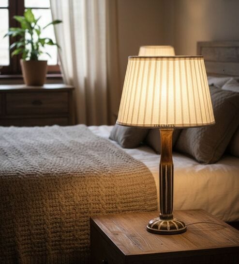 Vintage Wooden Table Lamp  with Pleated White Fabric Shade | Modern Farmhouse Bedside Lamp for Living Room, Bedroom & Home D cor