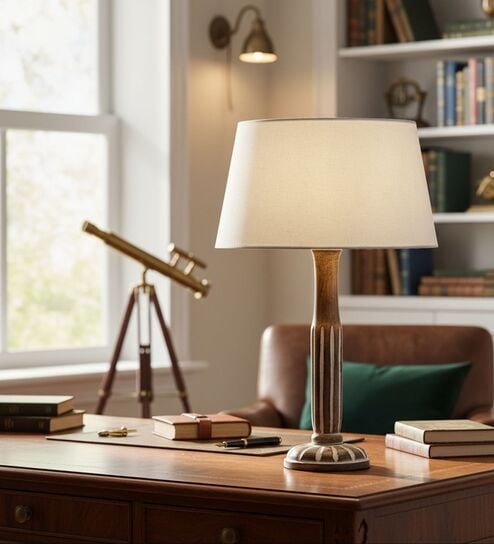 Vintage Wooden Table Lamp  with White Fabric Shade | Modern Farmhouse Bedside Lamp for Living Room, Bedroom & Home D cor