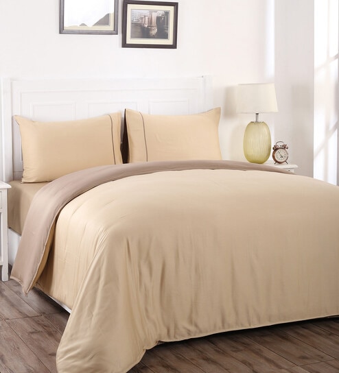 Brown Solid 100% Cotton Double Bed Duvet Cover With 2 Pillow Covers by Maspar