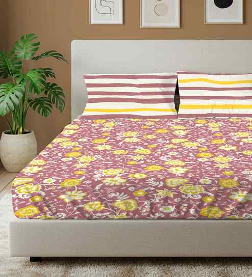 Viola Muddy Pink Floral 144 Tc Cotton Double Bedsheet With 2 Pillow Covers