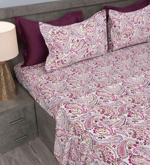Violet Bohemian Paisley Design 210 TC 100% Cotton Superking Bedsheet with 2 Pillow Covers-image-33