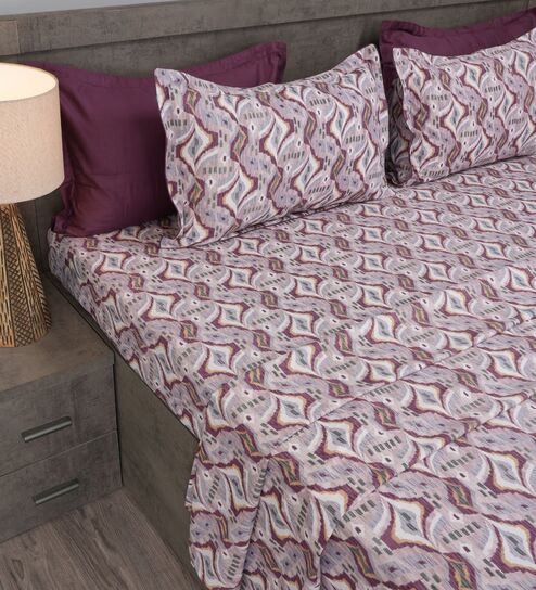 Violet Contemporary Ikat Pattern 210 TC 100% Cotton Superking Bedsheet with 2 Pillow Covers-image-1