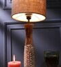 Vintage E27 Holder Wooden Base Table Lamp (Brown Base) with Fabric Shade (Beige)