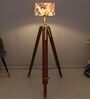 Vintage Tripod Brown Mango Wood Base Floor Lamps Carnation Print Satin Shade