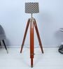 Vintage Tripod Brown Mango Wood Base Floor Lamps Geometric Print Satin Shade