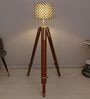 Vintage Tripod Brown Mango Wood Base Floor Lamps Geometric Print Satin Shade