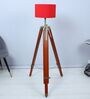 Vintage Tripod Brown Mango Wood Base Floor Lamps Red Cotton Shade
