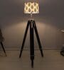Vintage Tripod Black Mango Wood Base Floor Lamps Big Leaf Print Satin Shade