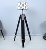 Vintage Tripod Black Mango Wood Base Floor Lamps Big Leaf Print Satin Shade