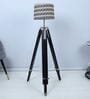 Vintage Tripod Black Mango Wood Base Floor Lamps Chevron Print Satin Shade