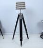 Vintage Tripod Black Mango Wood Base Floor Lamps Chevron Print Satin Shade