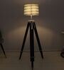 Vintage Tripod Black Mango Wood Base Floor Lamps Chevron Print Satin Shade