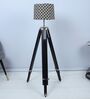 Vintage Tripod Black Mango Wood Base Floor Lamps Geometric Print Satin Shade