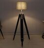 Vintage Tripod Black Mango Wood Base Floor Lamps Geometric Print Satin Shade