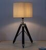 Vintage Tripod Black Mangowood Table Lamp With Off White Cotton Shade