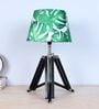 Vintage Tripod Black Mangowood Table Lamp With Narcissue Floral Print Satin Shade